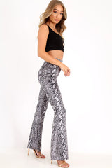 Grey Snake Print Velvet Flare Trousers - Tillee