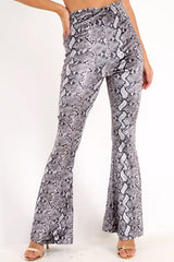 Grey Snake Print Velvet Flare Trousers - Tillee