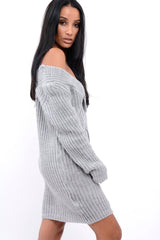 Grey V Neck Twist Knit Jumper Dress - Tilly