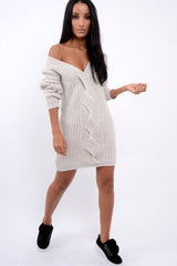 Cream V Neck Twist Knit Jumper Dress - Tilly