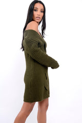 Khaki V Neck Twist Knit Jumper Dress - Tilly