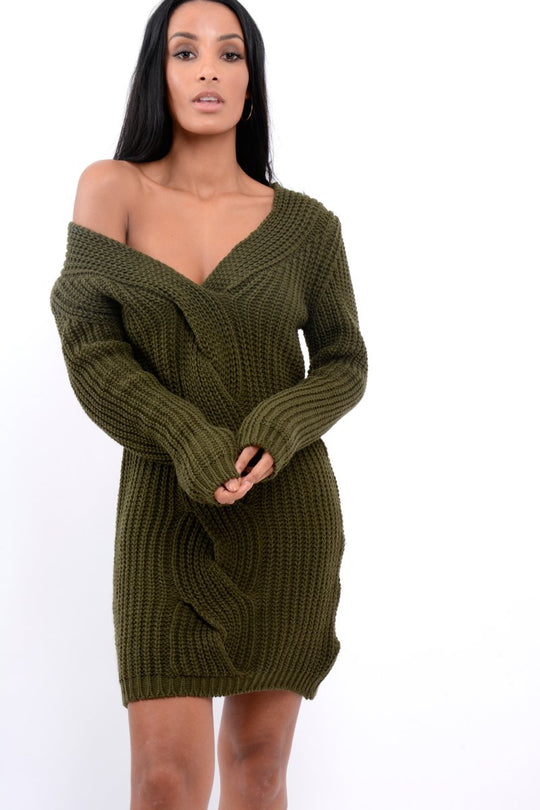 Khaki V Neck Twist Knit Jumper Dress - Tilly