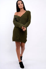 Khaki V Neck Twist Knit Jumper Dress - Tilly