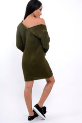 Khaki V Neck Twist Knit Jumper Dress - Tilly