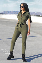 Khaki Denim Short Sleeve Button Up Belted Waist Boilersuit - Stevie