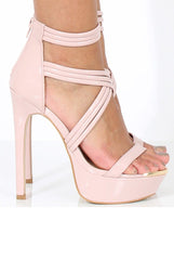 Nude Patent Platform Cross Strap Heels - Tina