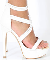 White PU Platform Cross Strap Heels - Tina