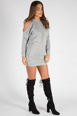 Grey Soft Cold Shoulder Jumper Dress - Tina