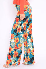 Green Floral High Waist Flare Trousers - Tisha