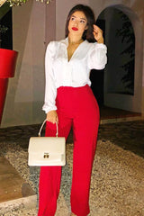 Red High Waist Flare Trousers -Tisha