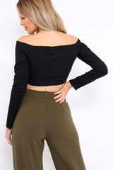 Black Ribbed Lace Up Front Crop Top - Emmy