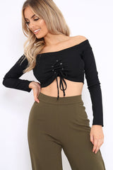 Black Ribbed Lace Up Front Crop Top - Emmy