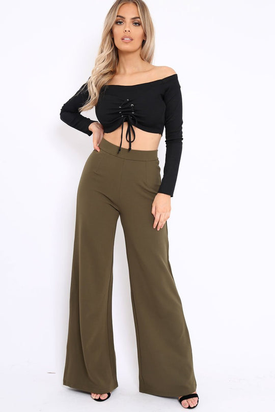Khaki High Waist Flare Trousers -Tisha