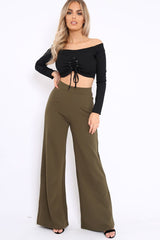 Khaki High Waist Flare Trousers -Tisha