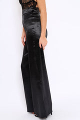 Black Satin High Waist Flare Trousers -Tisha