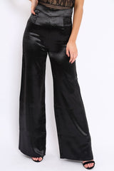 Black Satin High Waist Flare Trousers -Tisha
