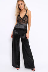 Black Satin High Waist Flare Trousers -Tisha