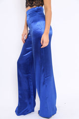 Royal Blue Satin High Waist Flare Trousers -Tisha