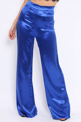 Royal Blue Satin High Waist Flare Trousers -Tisha