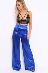 Royal Blue Satin High Waist Flare Trousers -Tisha