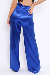 Royal Blue Satin High Waist Flare Trousers -Tisha