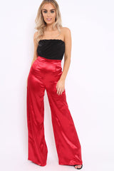 Red Satin High Waist Flare Trousers -Tisha