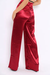 Wine Satin High Waist Flare Trousers -Tisha