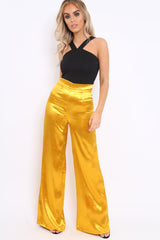 Mustard Satin High Waist Flare Trousers -Tisha