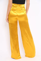 Mustard Satin High Waist Flare Trousers -Tisha