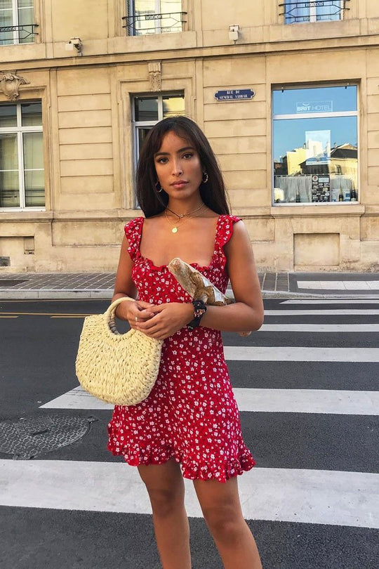 Red Floral Print Ruffle Dress - Linda