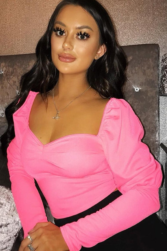 Neon Pink Puff Sleeve Sweetheart Neckline Crop Top - Tomi