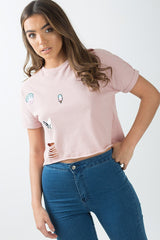 Pink Distressed Badge Detail Crop Top - Toni