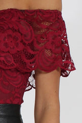 Wine Lace Frill Bardot Bodysuit - Tonika