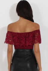 Wine Lace Frill Bardot Bodysuit - Tonika