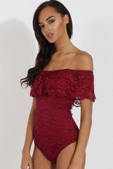 Wine Lace Frill Bardot Bodysuit - Tonika