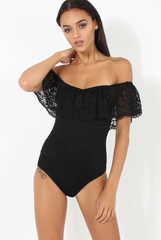 Black Lace Frill Bardot Bodysuit - Tonika