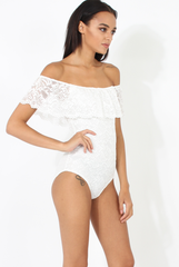 White Lace Frill Bardot Bodysuit - Tonika
