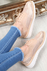 Pink Faux Suede Lace Up Wedged Brogue Trainers - Tonya