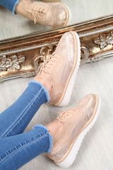Pink Faux Suede Lace Up Wedged Brogue Trainers - Tonya