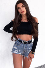 Black Ribbed Frill Bardot Crop Top - Cassidy