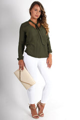 Lottie Khaki V Front Tie Neck Shirt