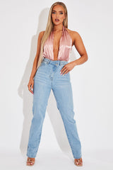 Blush Satin Plunge Halter Bodysuit - Aleesia