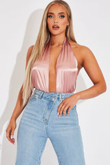 Blush Satin Plunge Halter Bodysuit - Aleesia