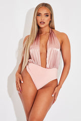 Blush Satin Plunge Halter Bodysuit - Aleesia