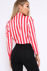 Red & White Striped Open Collar Bodysuit - Torie