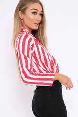 Red & White Striped Open Collar Bodysuit - Torie