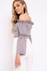 Grey Faux Suede Crop Bardot Top - Torri