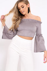 Grey Faux Suede Crop Bardot Top - Torri