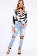 Black & White Striped Open Collar Bodysuit - Torie
