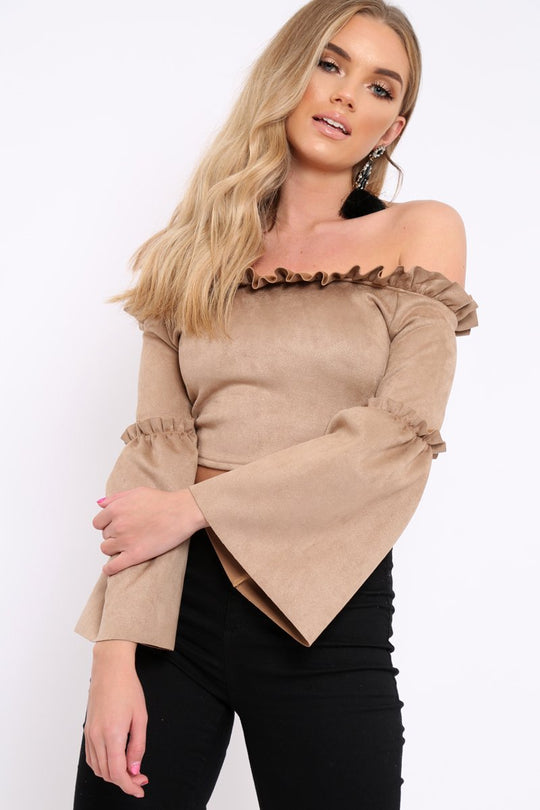 Camel Faux Suede Crop Bardot Top - Torri